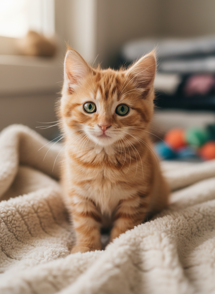 Adorable fluffy orange tabby kitten with big green eyes looking curious