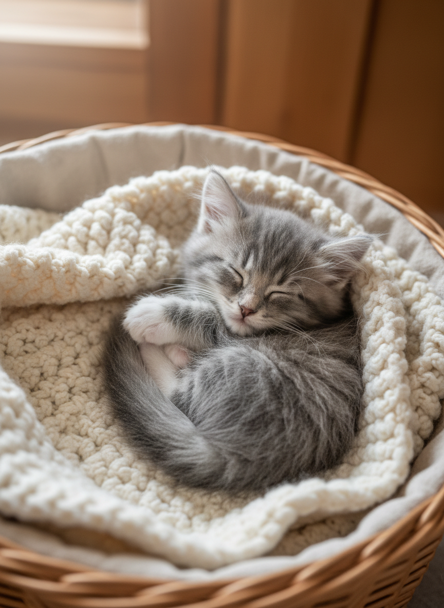 Sweet gray and white fluffy kitten sleeping peacefully in soft blanket