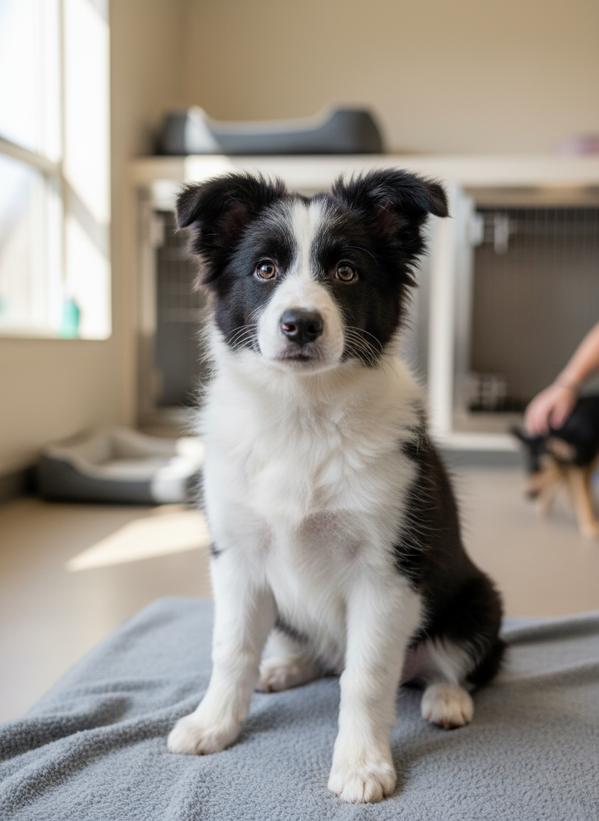 Cute black and white border collie puppy with bright eyes sitting attentively