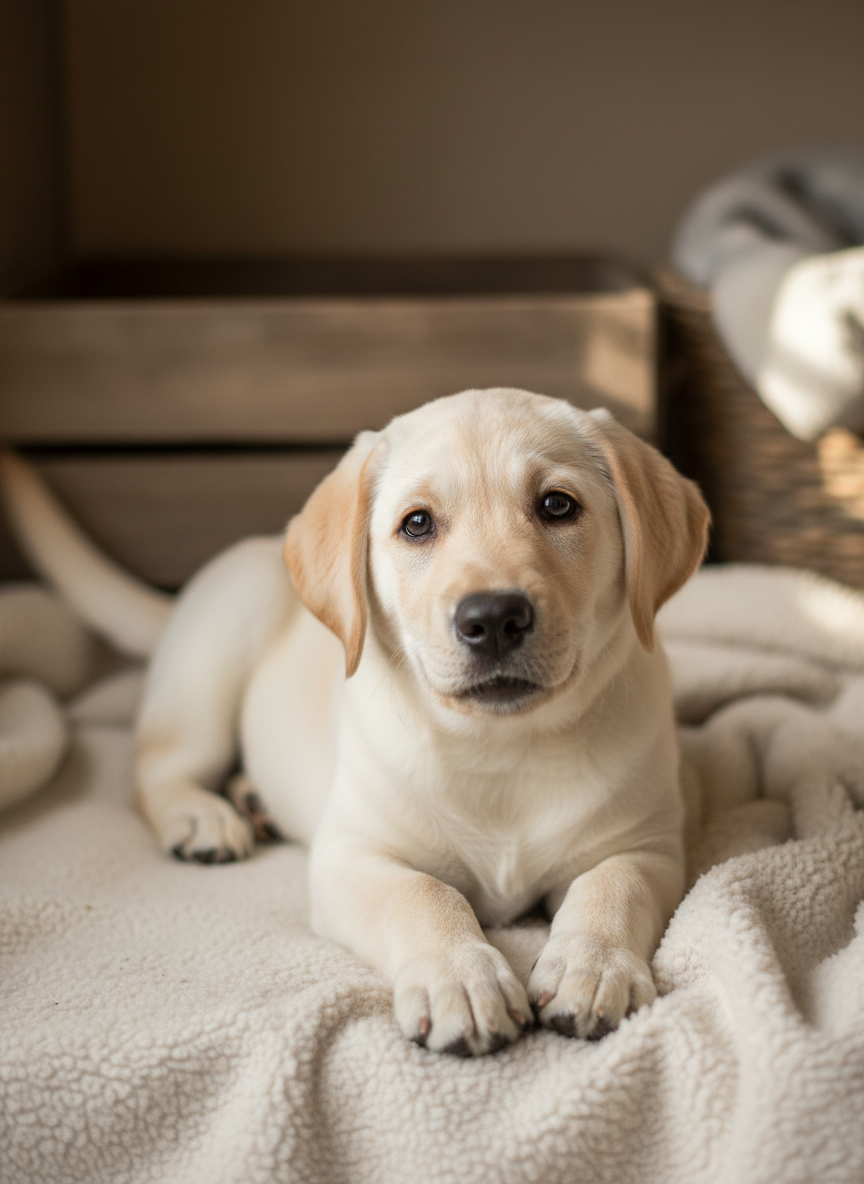 Friendly beige labrador puppy lying down with happy expression wagging tail
