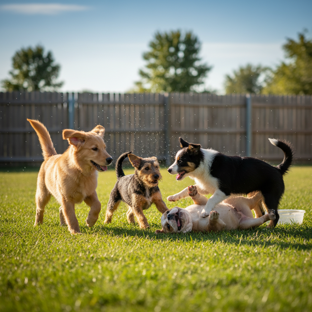 Happy puppies playing together in sunny outdoor shelter yard