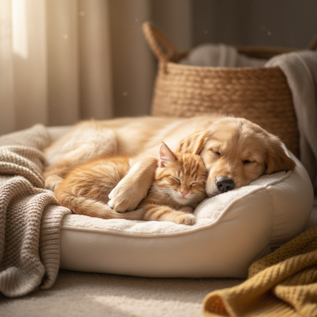Cute cat and dog cuddling together on soft pet bed