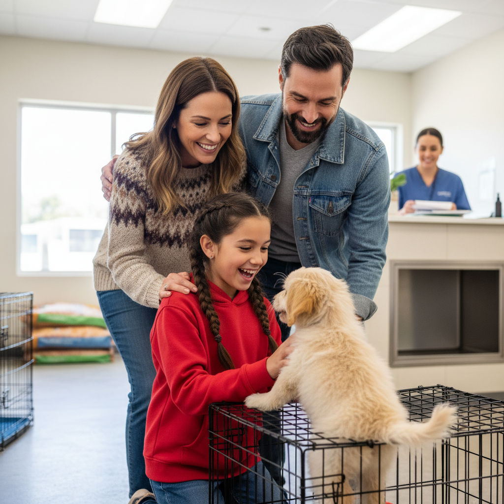 Russian family happily adopting fluffy puppy from shelter