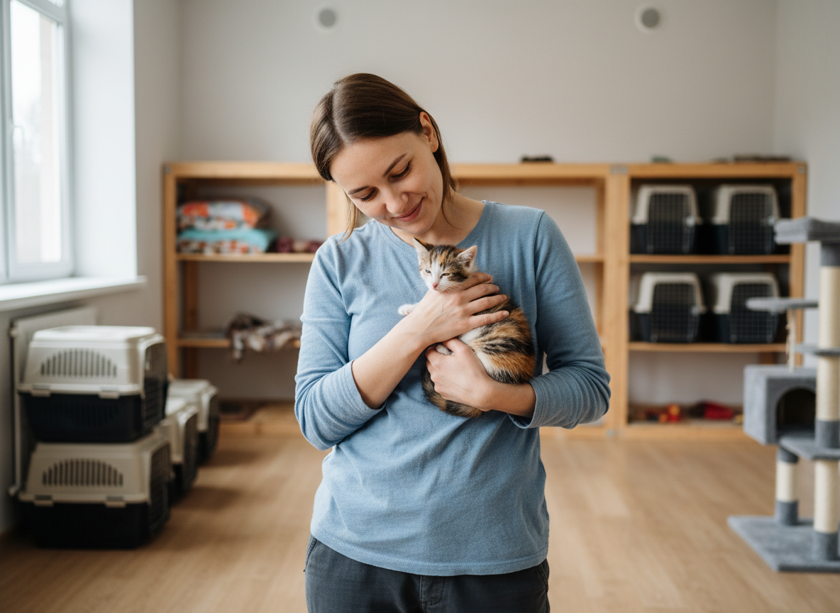 Russian female volunteer caring for shelter animals with love and attention