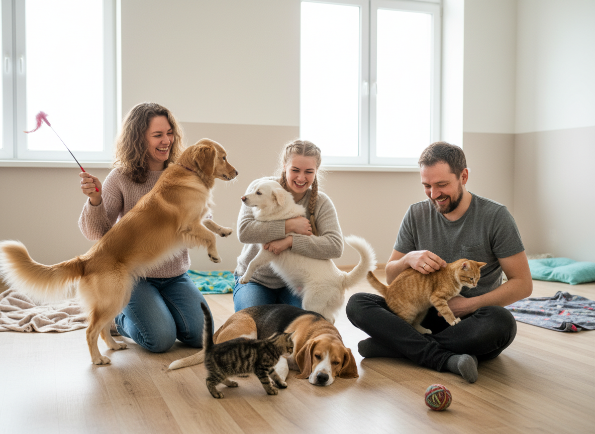 Russian volunteers playing with happy shelter dogs and cats in bright room